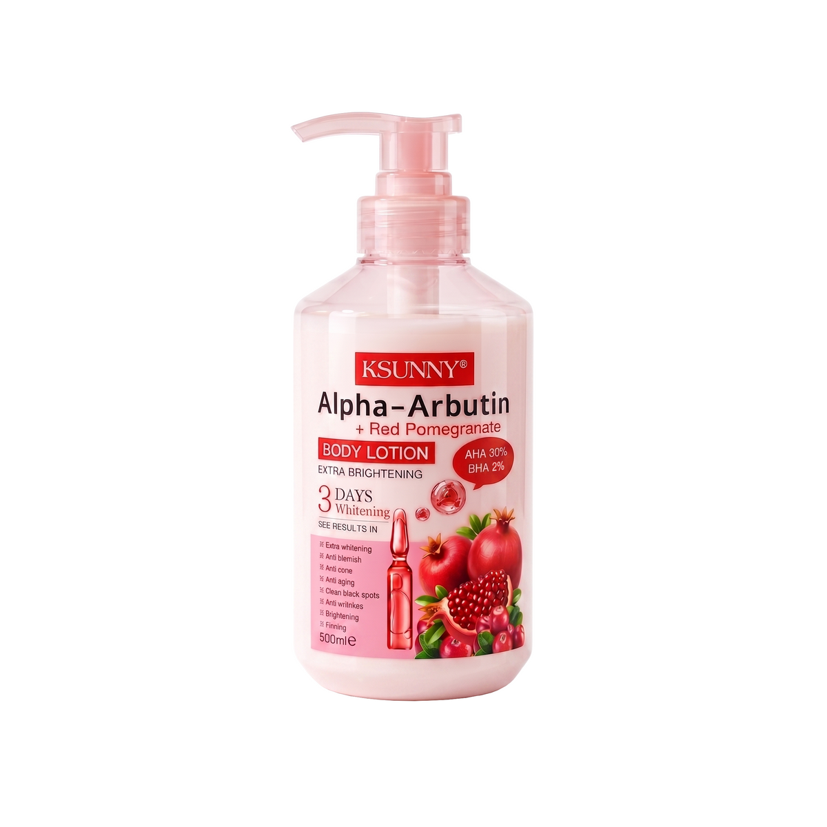 KSUNNY Alpha-Arbutin + Red Pomegranate Body Lotion 500ml - 3-Day Extra Brightening (AHA 30% + BHA 5%)